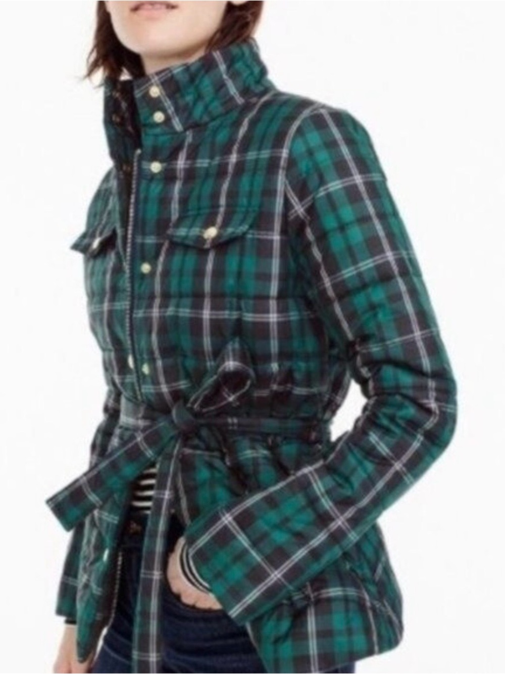NWT J.Crew Tartan Plaid Belted Puffer Jacket XS